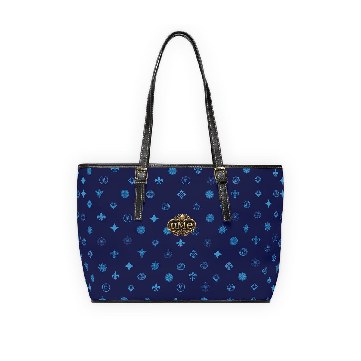 Navy PU Leather Shoulder Bag — Monogram Crest Tote