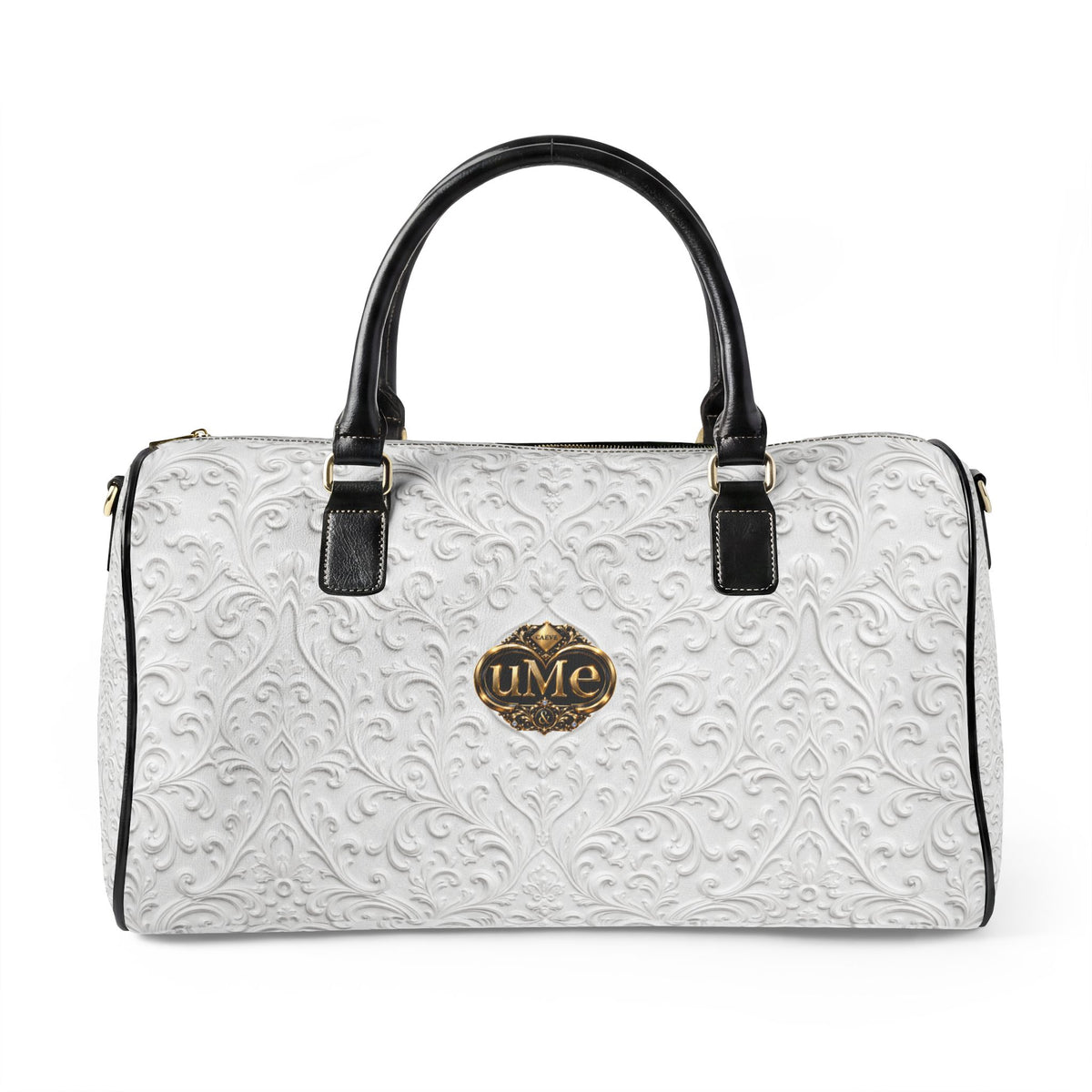 White Faux Leather Travel Bag — 'uMe' Gold Crest Weekender