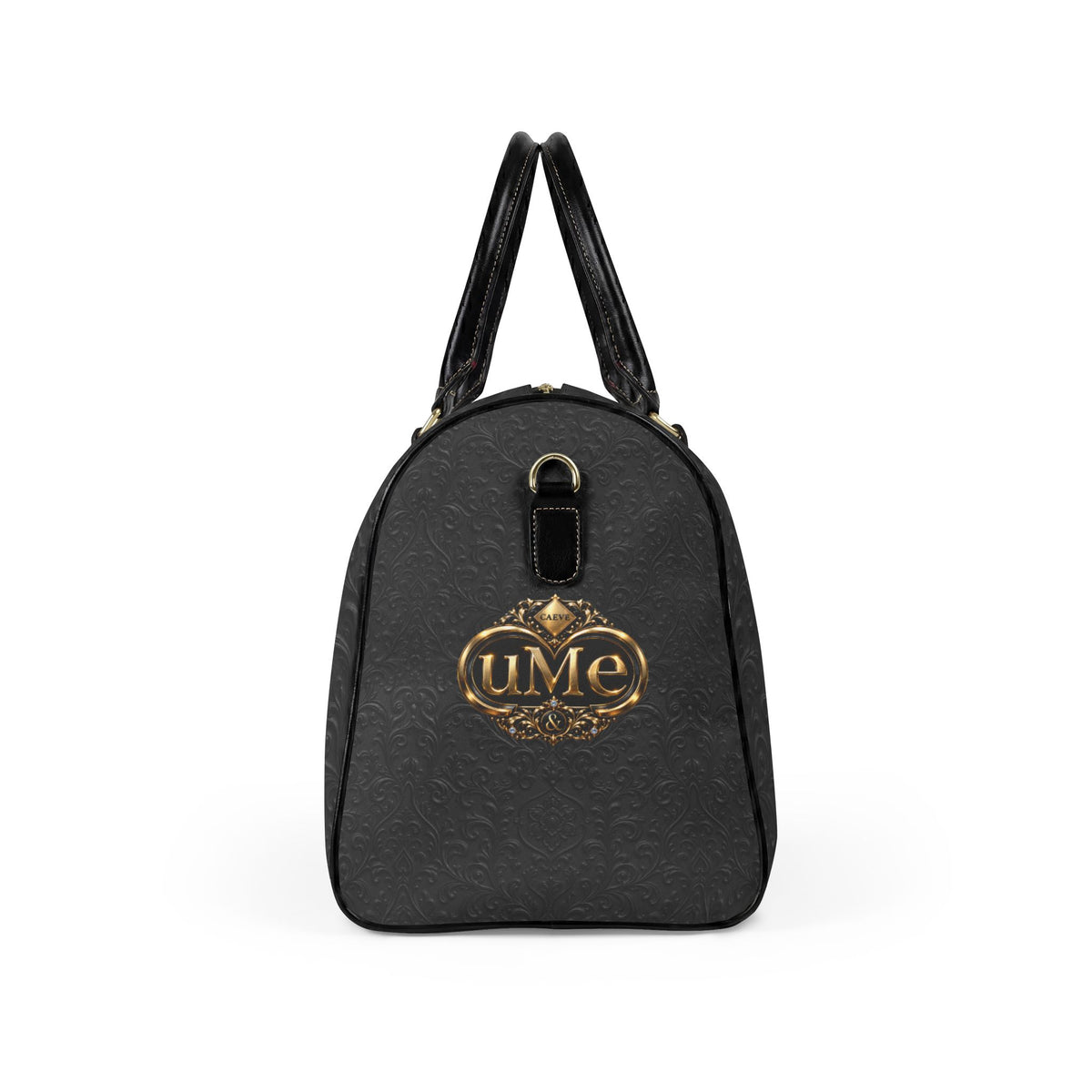 Black Faux Leather Duffle Bag — Gold 'uMe' Crest Weekender