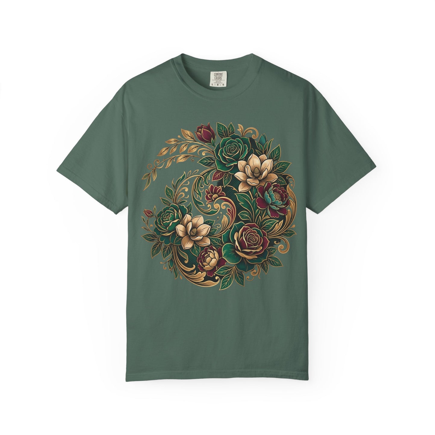 Floral Yin Yang T-Shirt — Vintage Green & Gold Rose Graphic Tee