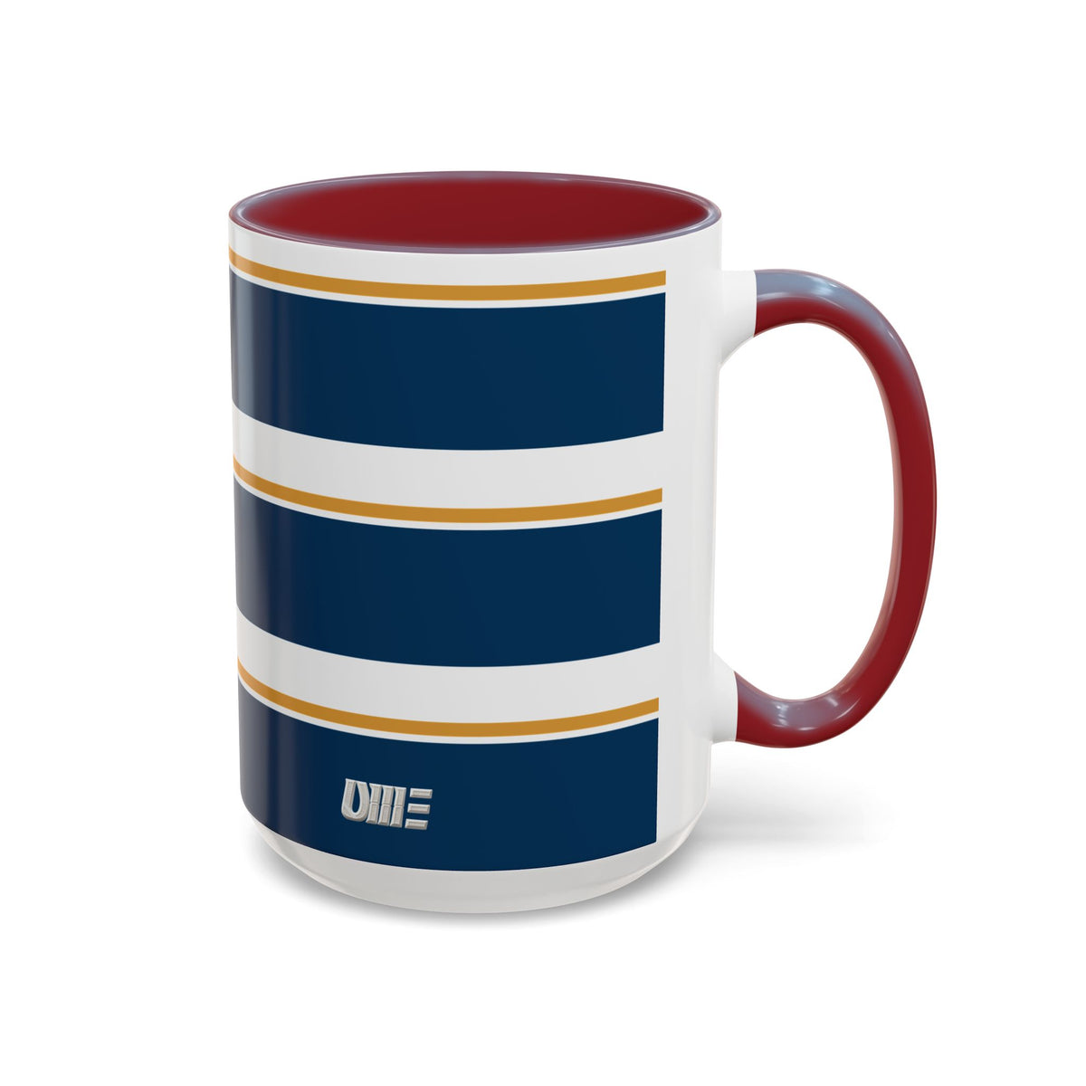 Navy and Gold Striped Accent Mug — White Ceramic