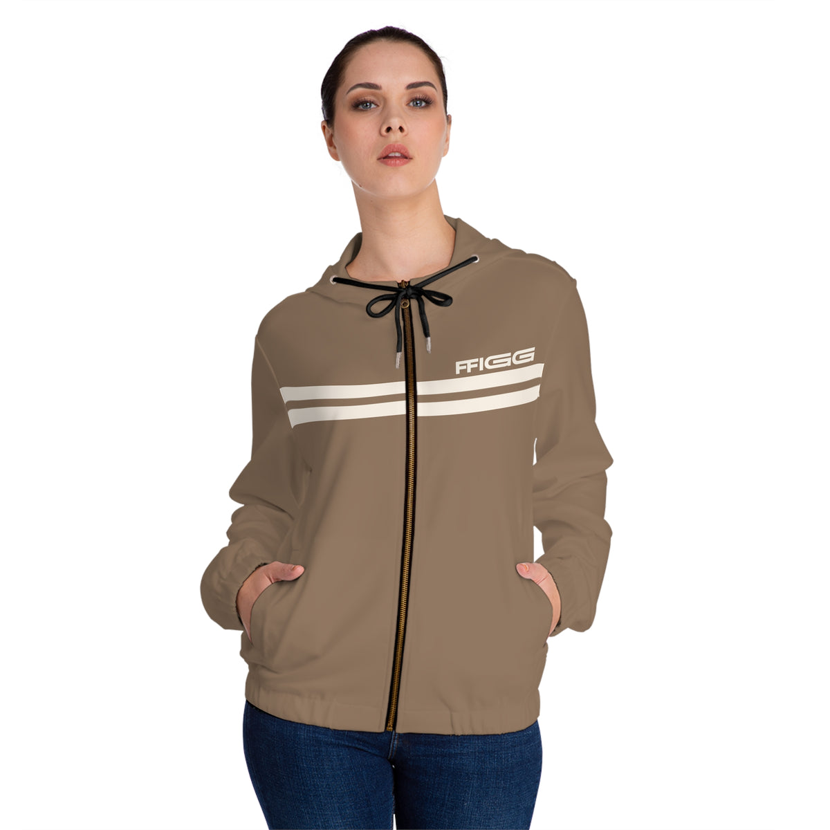 Women’s Full-Zip Hoodie with Retro Stripe Design — Sand All-Over Print