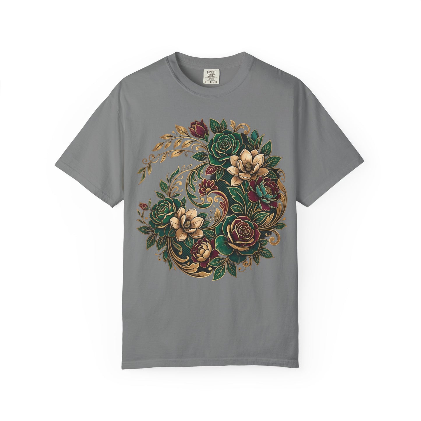 Floral Yin Yang T-Shirt — Vintage Green & Gold Rose Graphic Tee