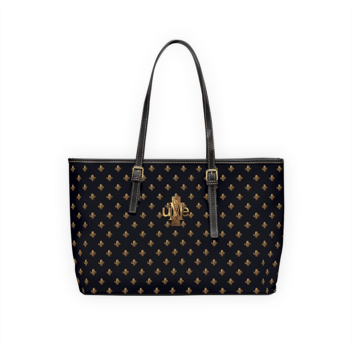 Black PU Leather Shoulder Tote — Gold uMe Cross Logo Handbag