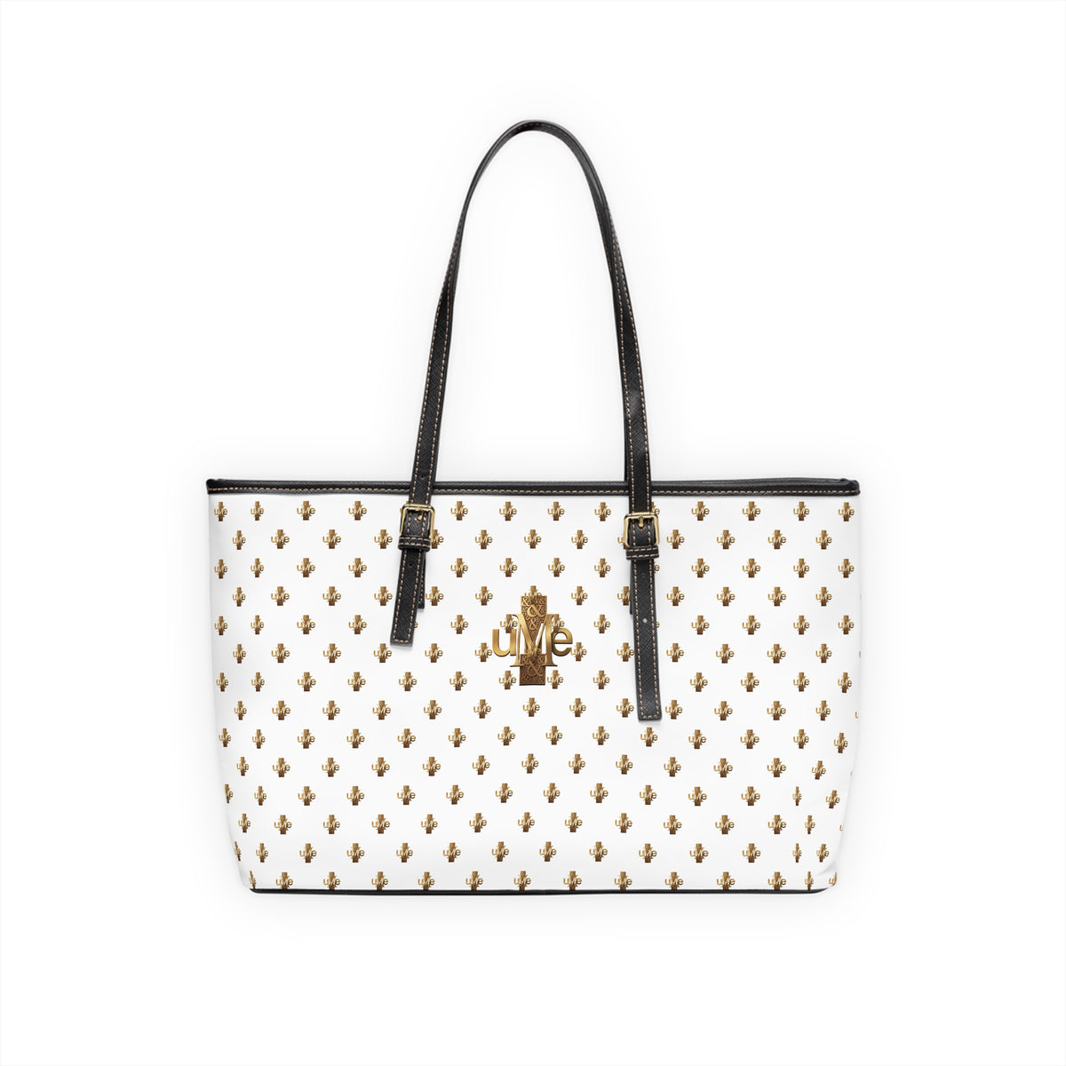 White PU Leather Shoulder Tote — Gold uMe Cross Logo Handbag