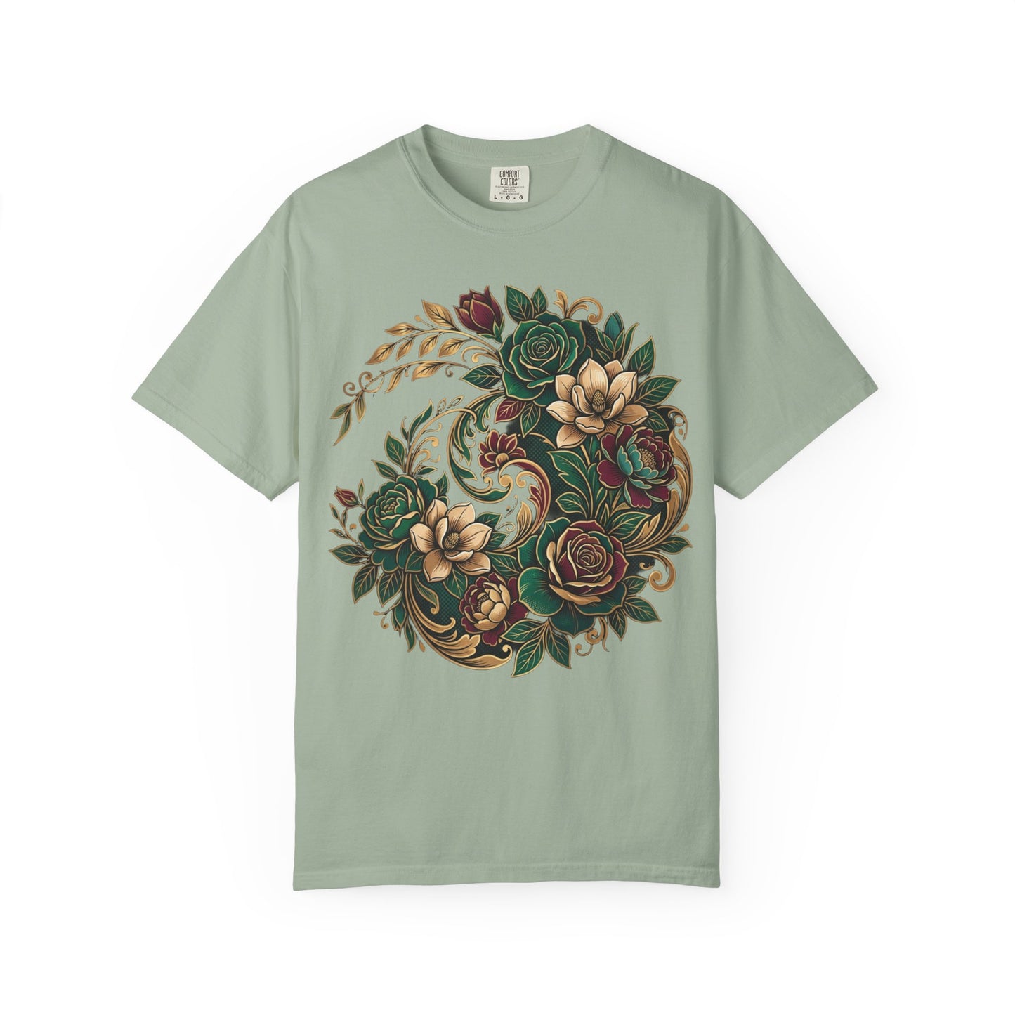 Floral Yin Yang T-Shirt — Vintage Green & Gold Rose Graphic Tee