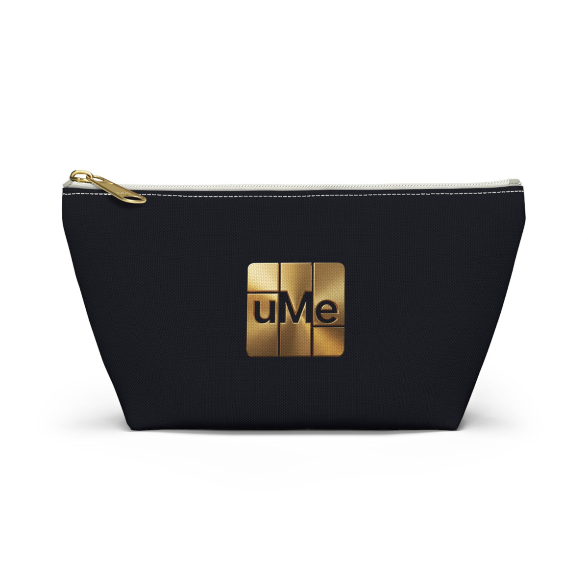 Gold uMe Logo Accessory Pouch — Black T‑Bottom Makeup & Travel Organizer