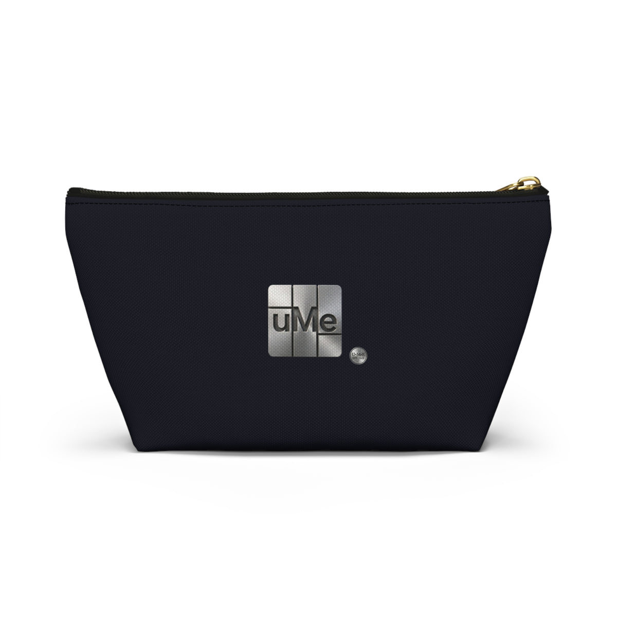 Accessory Pouch — Sleek Black T‑Bottom Cosmetic & Tech Organizer with Metallic 'uMe' Logo