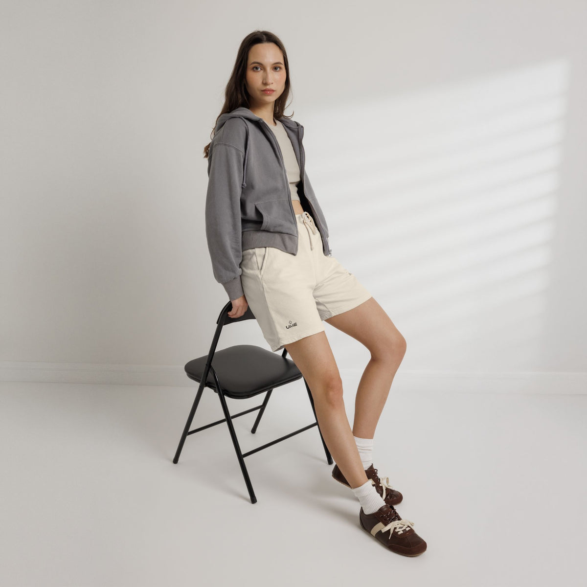 Fleece Sweat Shorts — Garment-Dyed UME Dark Grey Logo All-Over Print