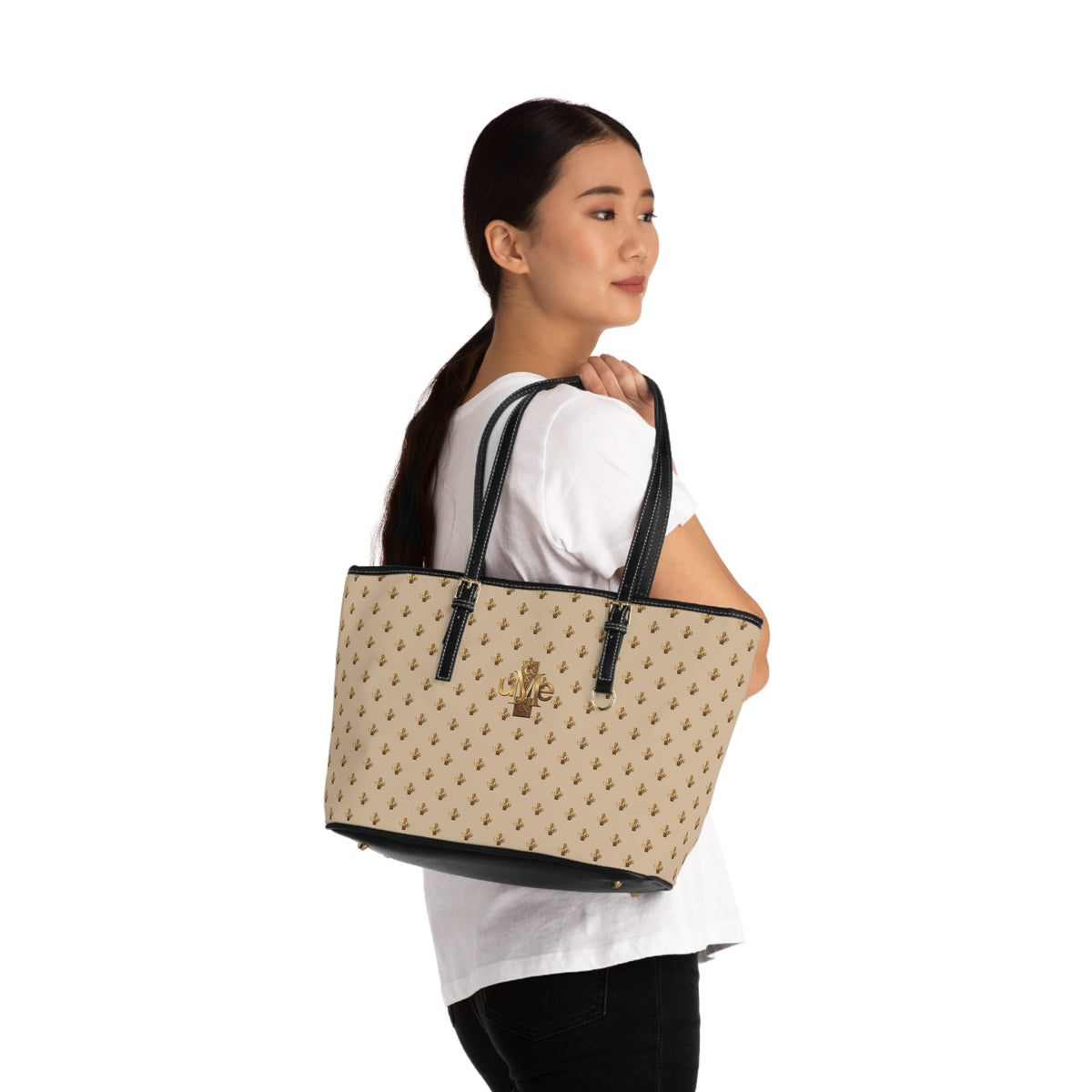 Beige PU Leather Shoulder Tote — Gold uMe Cross Logo Handbag