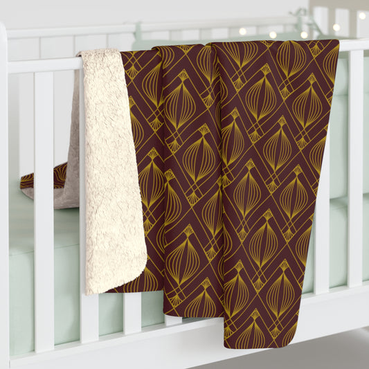 Art Deco Brown & Gold Sherpa Blanket – Geometric Plush Fleece Throw