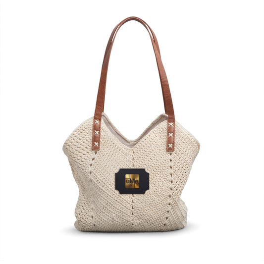 Straw Shoulder Bag — Cream Boho Crochet Tote with Leather Straps & uMe Patch