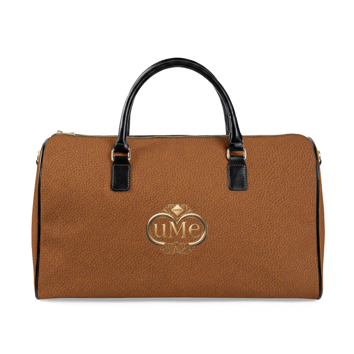 Monogrammed Faux Leather Travel Bag — Brown Weekender Duffle with Gold Crest