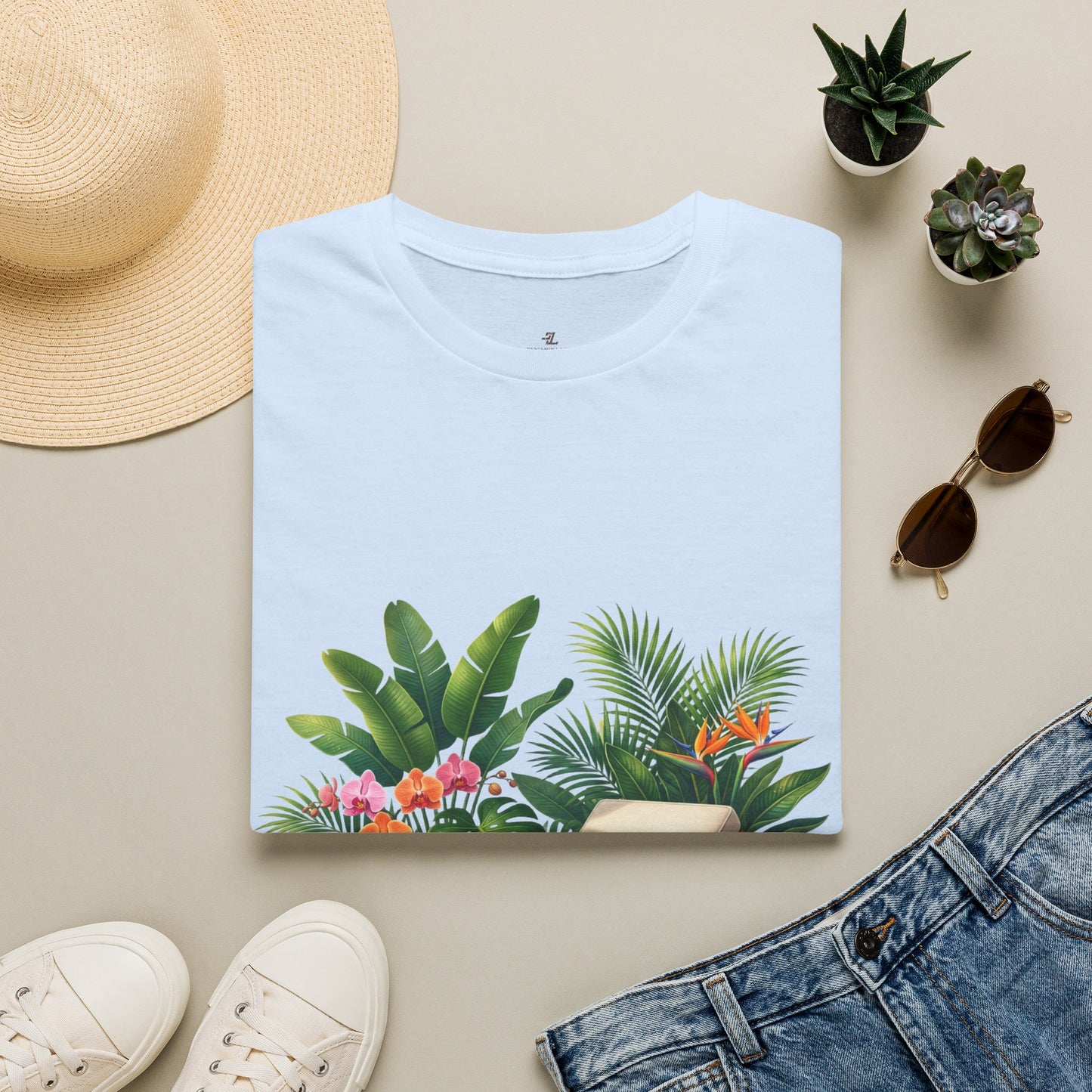 Tropical Lounge T-Shirt — Cozy Chair & Palm Floral Graphic Tee