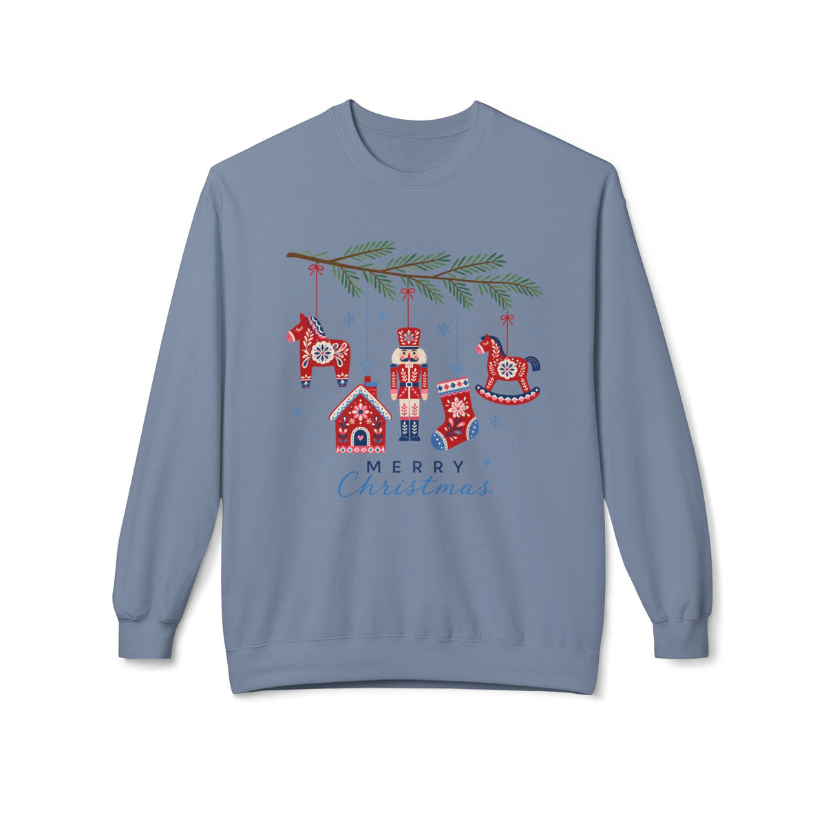Merry Christmas Scandinavian Folk Art Crewneck Sweatshirt — White, Red & More