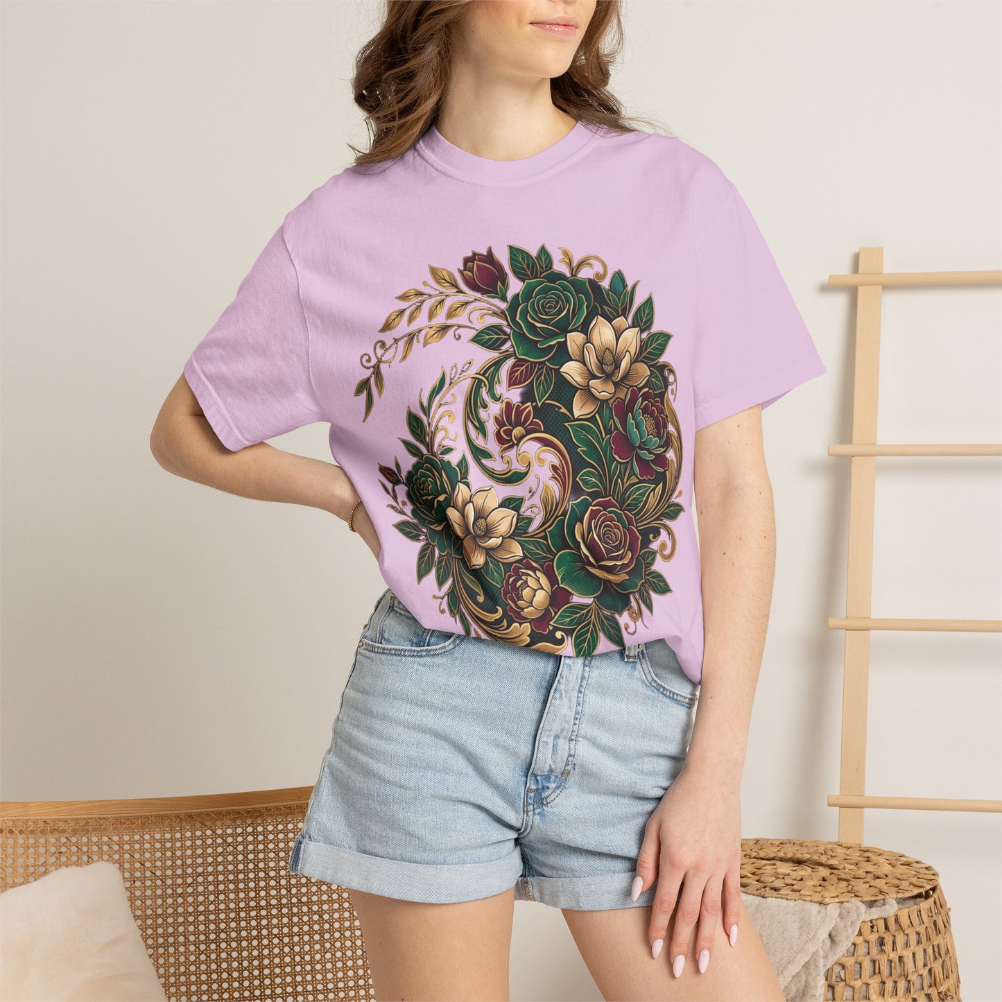 Floral Yin Yang T-Shirt — Vintage Green & Gold Rose Graphic Tee