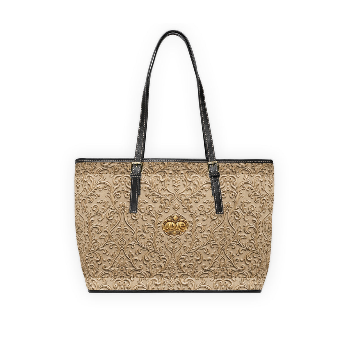 Beige UME Gold Crest Shoulder Tote — PU Faux Leather Scroll Print