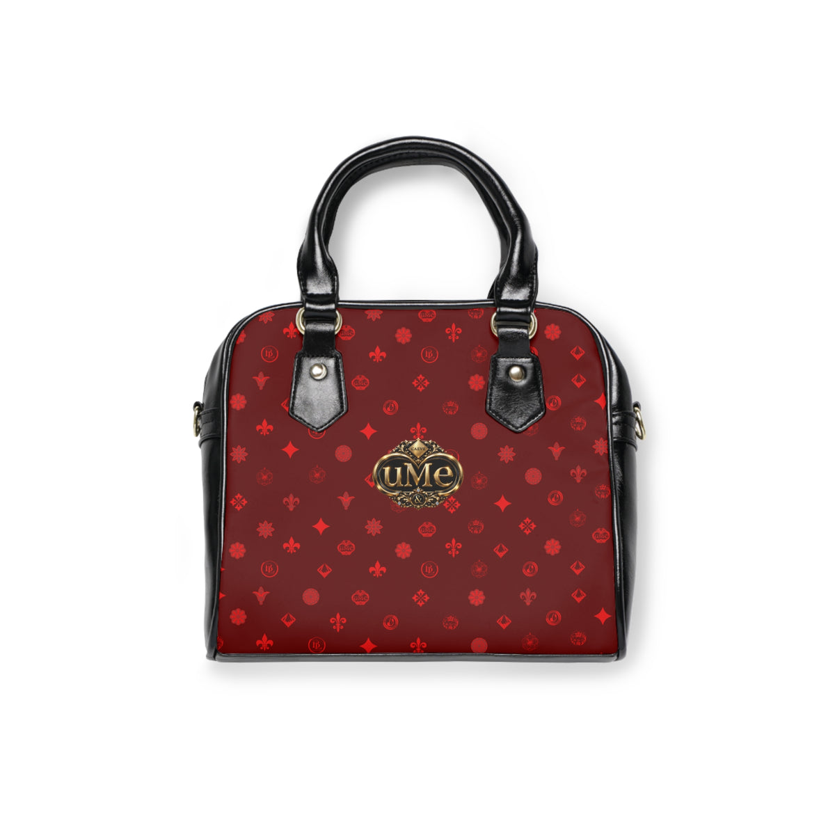 Red UME Monogram Shoulder Handbag — All-Over Print with Gold Crest