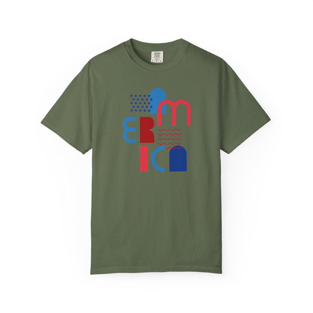T-Shirt — Abstract 'America' Graphic Tee (Red & Blue Geometric Design)