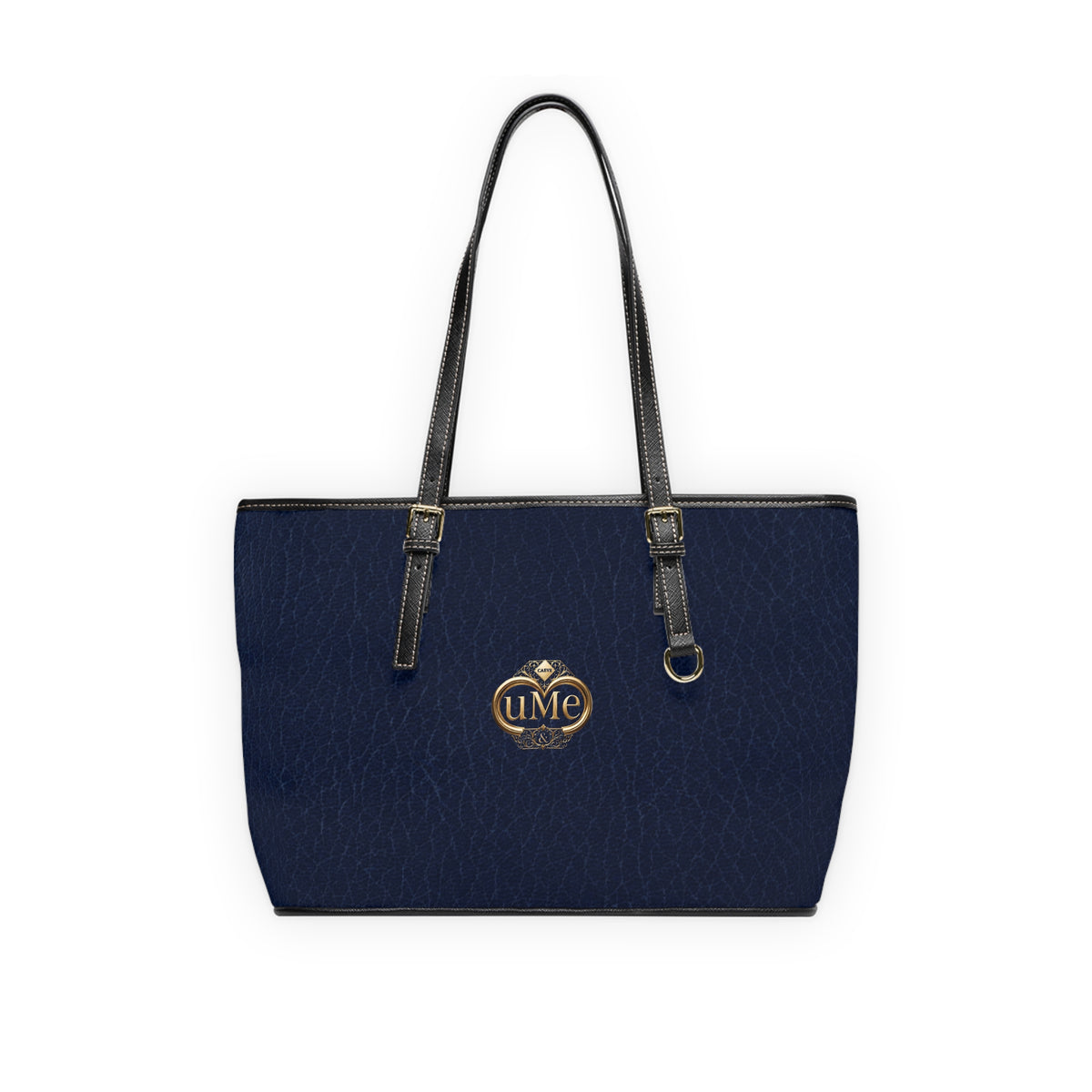 Navy PU Leather Shoulder Bag with Gold Crest Accent