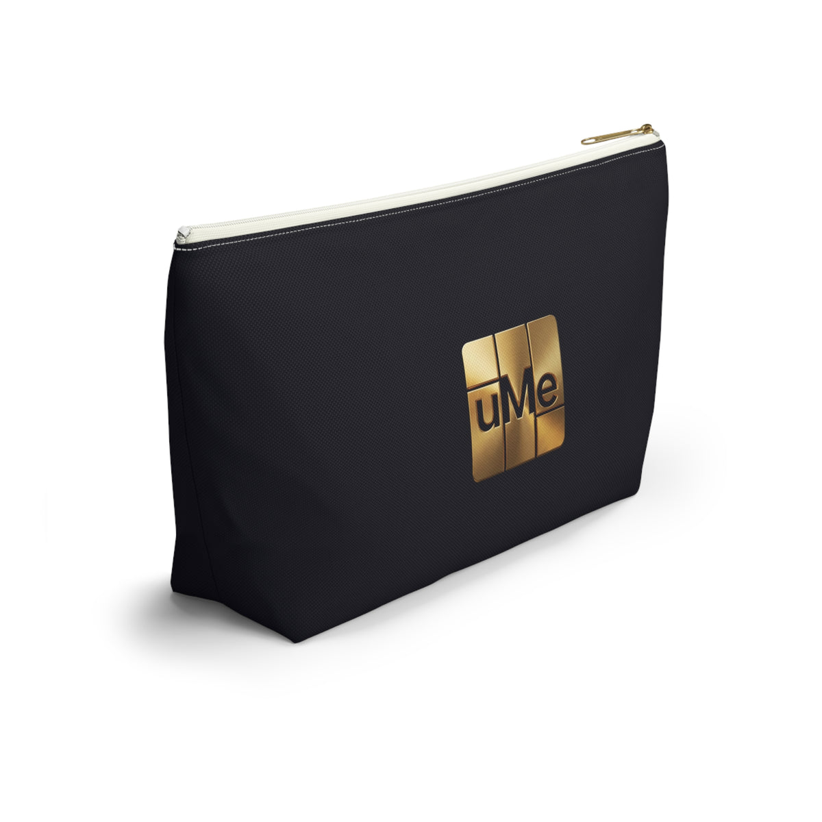 Gold uMe Logo Accessory Pouch — Black T‑Bottom Makeup & Travel Organizer