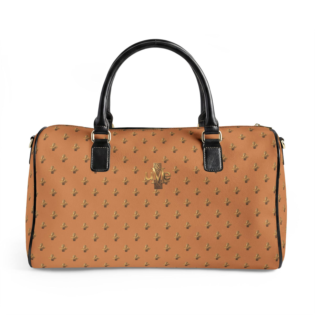 Monogram Faux Leather Travel Bag — Classic Camel & Gold Tiny Palm Print Weekender
