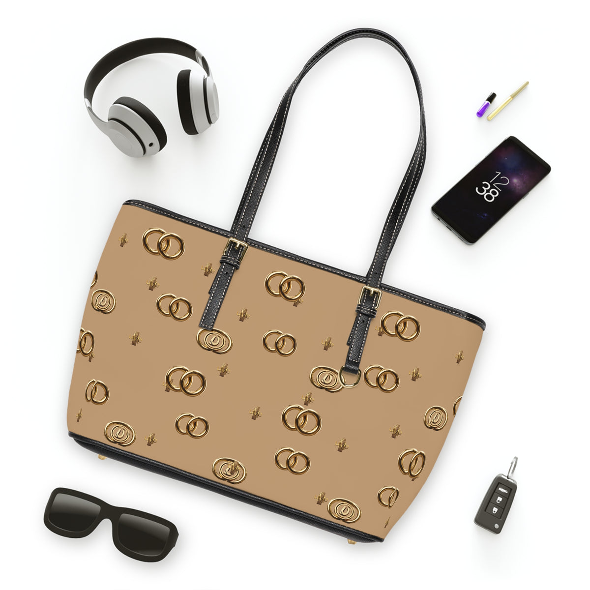PU Leather Shoulder Bag — Beige Gold Emblem Tote