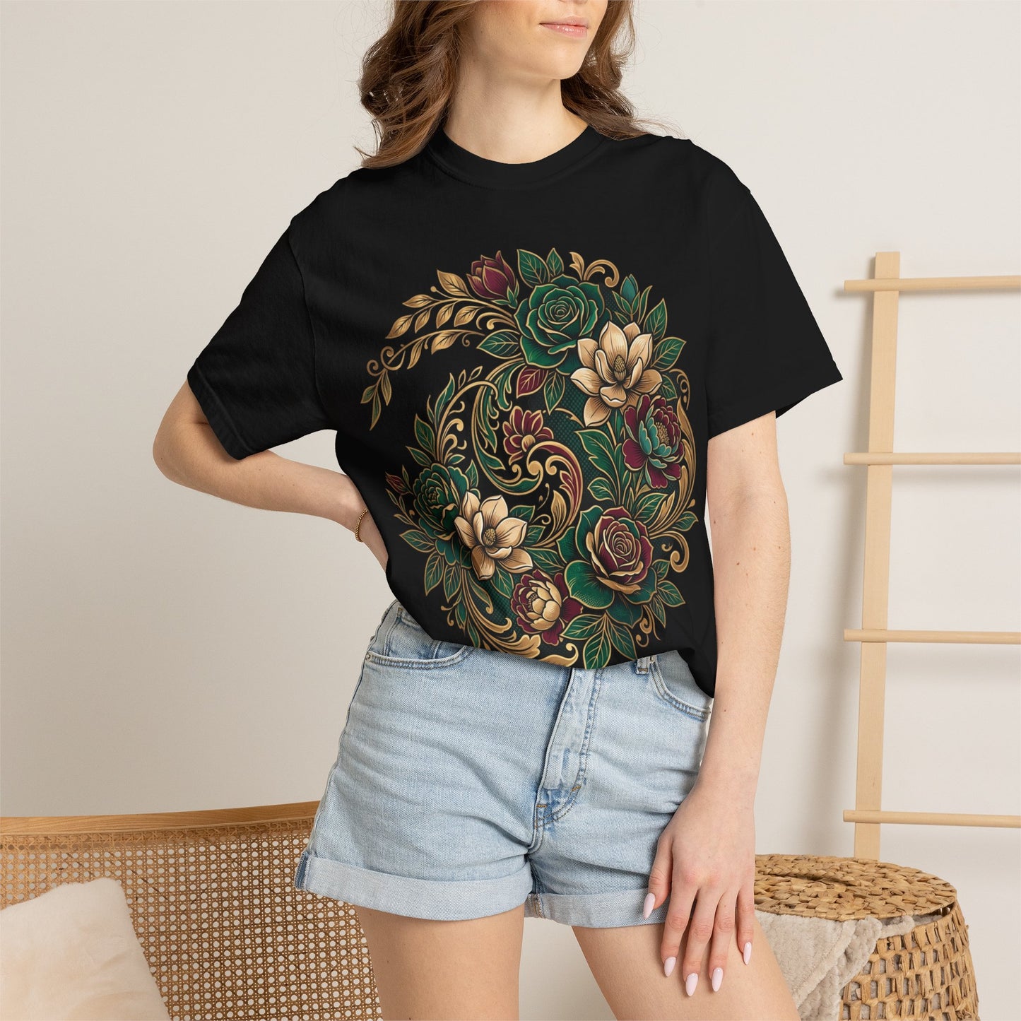 Floral Yin Yang T-Shirt — Vintage Green & Gold Rose Graphic Tee