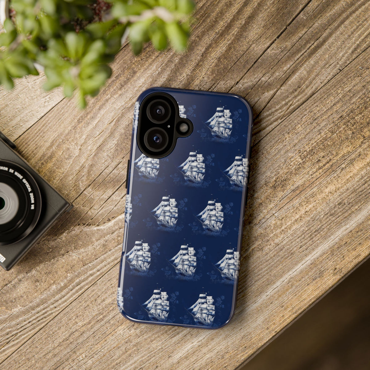 Navy Sailing Ship Phone Case — Navy Blue Vintage Nautical All-Over Print
