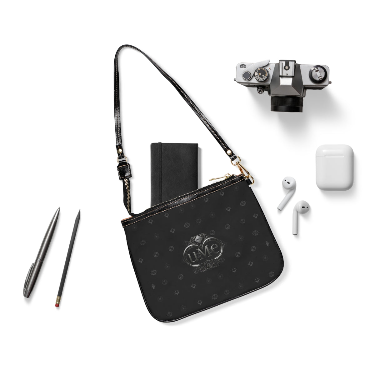 Black Monogram Shoulder Bag — Small UME Purse with Subtle Pattern