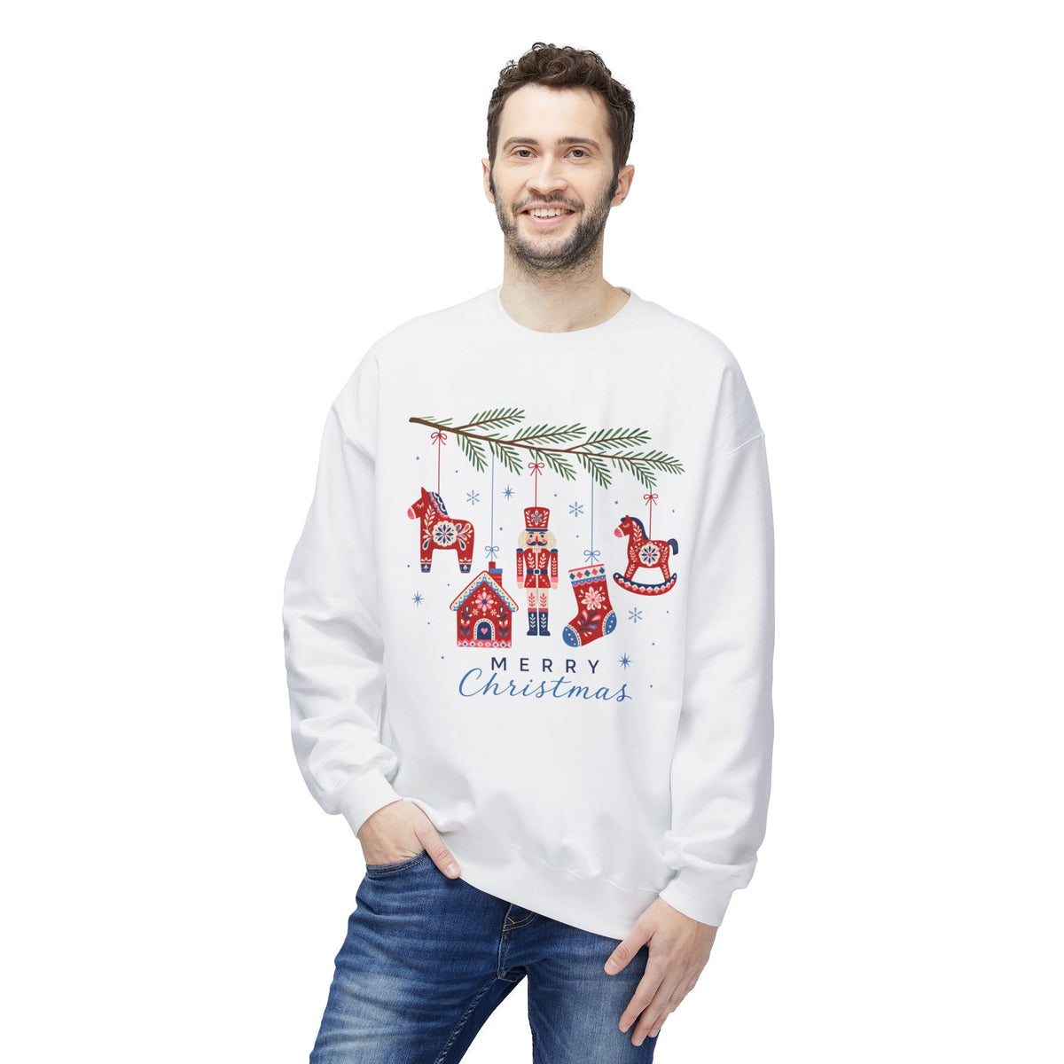 Merry Christmas Scandinavian Folk Art Crewneck Sweatshirt — White, Red & More