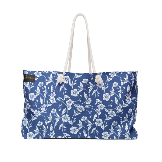 Blue Floral Weekender Bag — Nautical Rope Handles Travel Tote