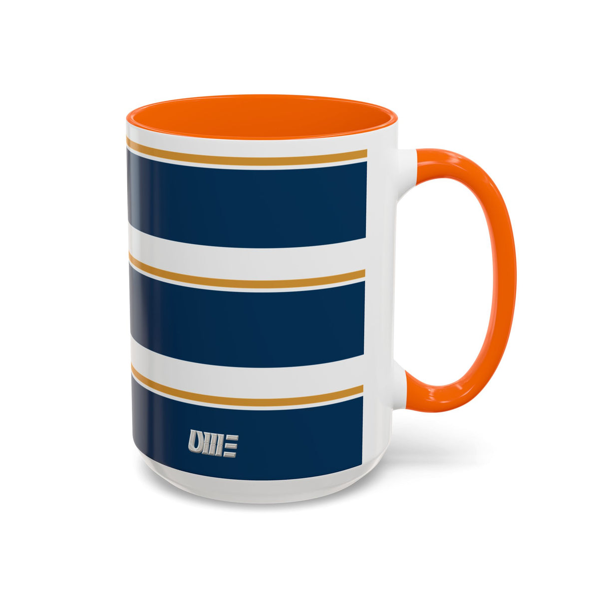 Navy and Gold Striped Accent Mug — White Ceramic