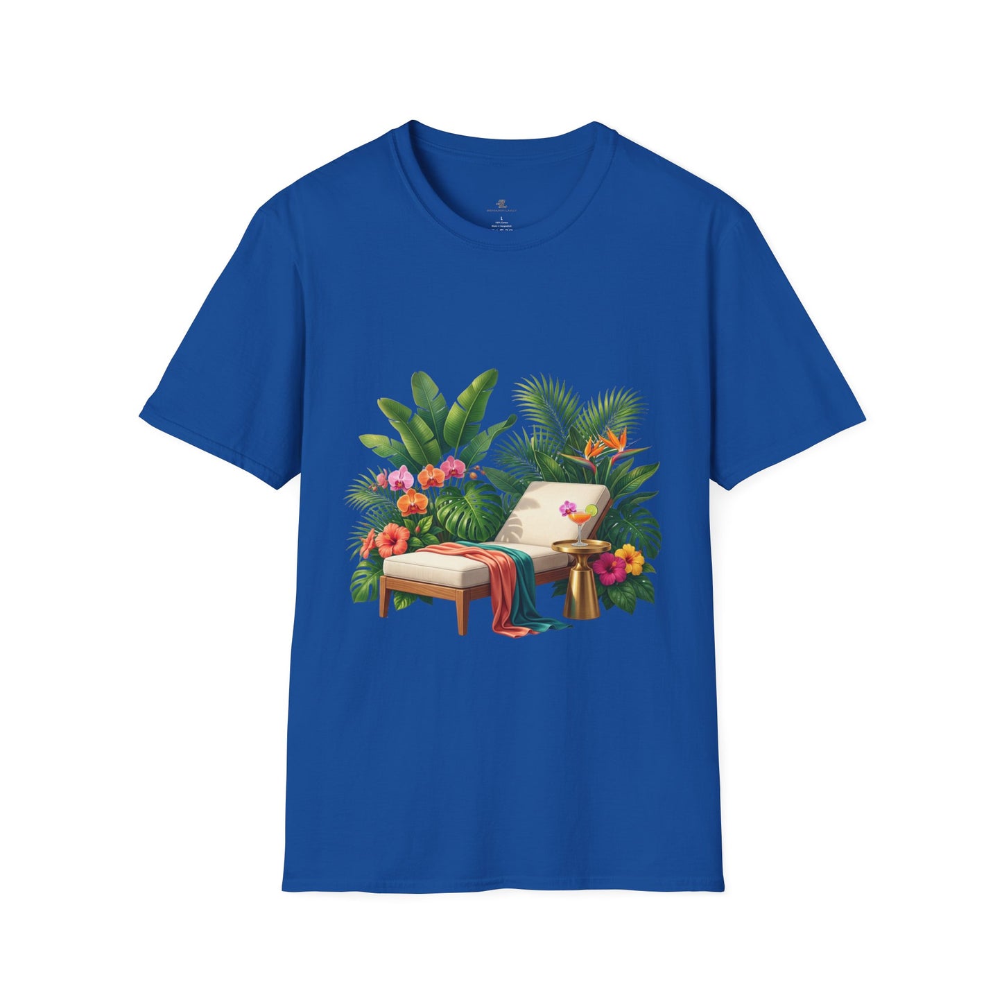 Tropical Lounge T-Shirt — Cozy Chair & Palm Floral Graphic Tee