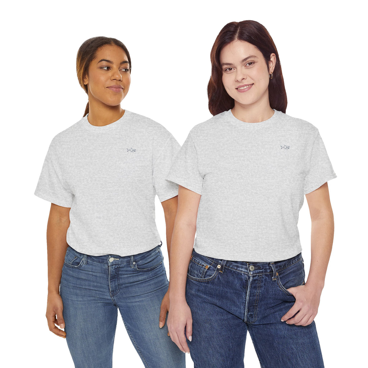 Minimalist string design Fish Tee — Small Chest Fish & Back 'OWE' Graphic