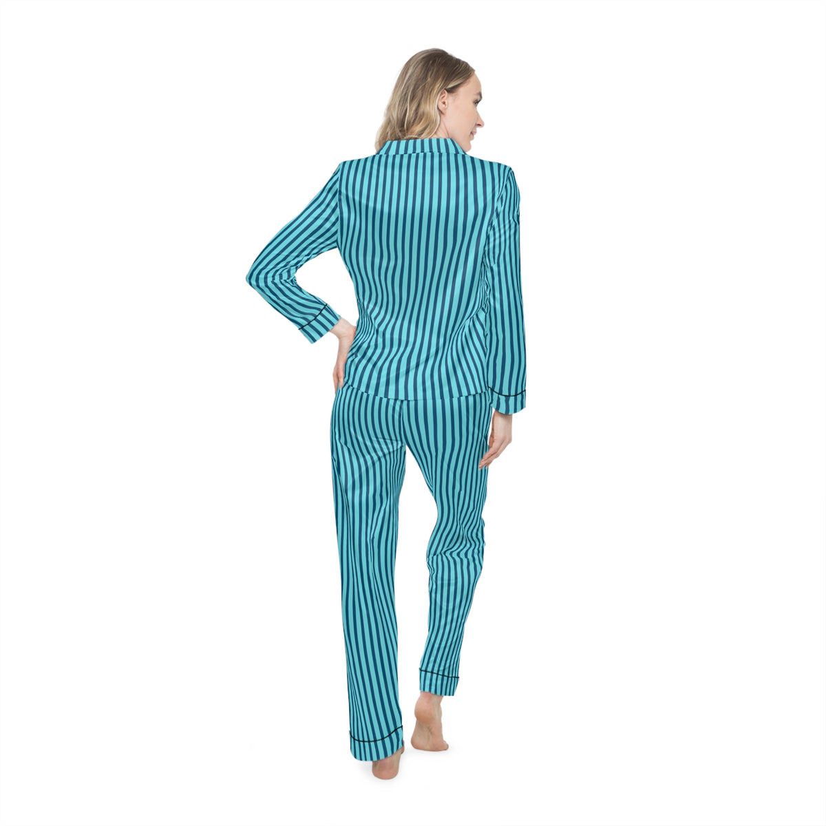 UME Striped Satin Women's Pajama Set — Aqua All-Over Print