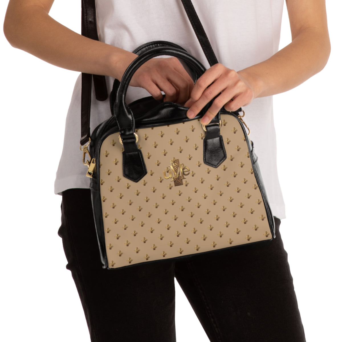 Beige Shoulder Handbag — Faux Leather Tote with Gold uMe Cross Logo