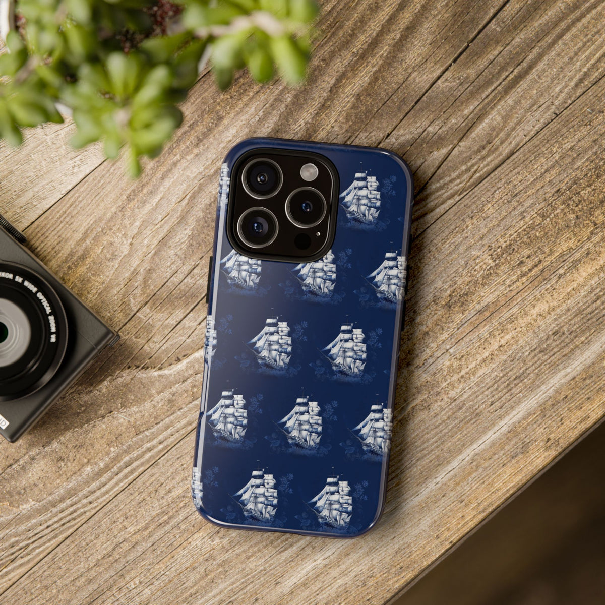 Navy Sailing Ship Phone Case — Navy Blue Vintage Nautical All-Over Print