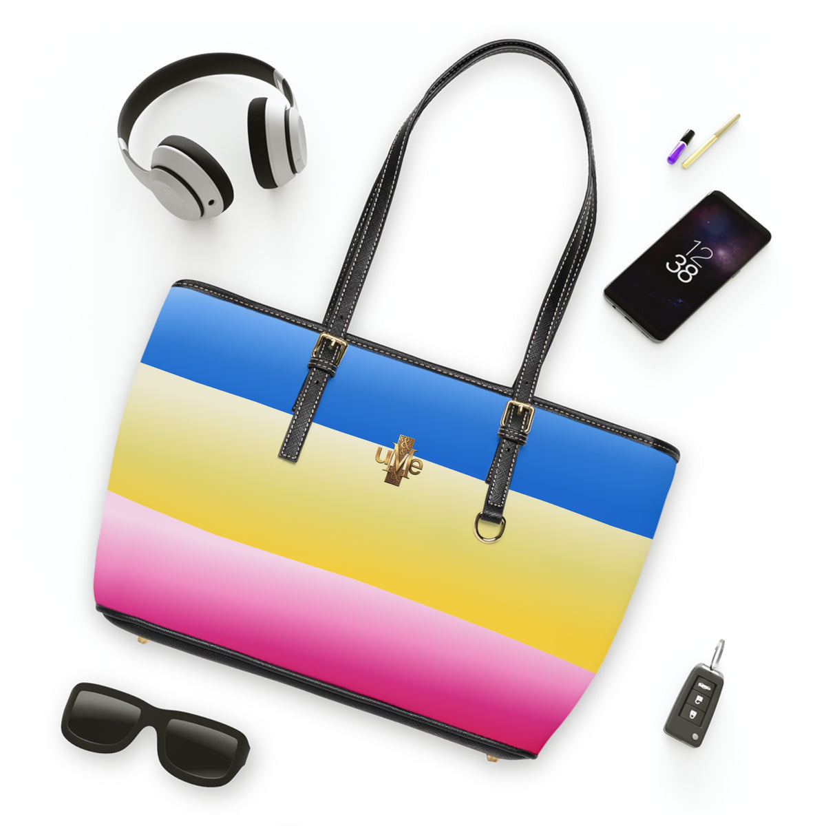 Colorblock Shoulder Bag — Black PU Leather Tote with Blue Yellow Pink Stripes