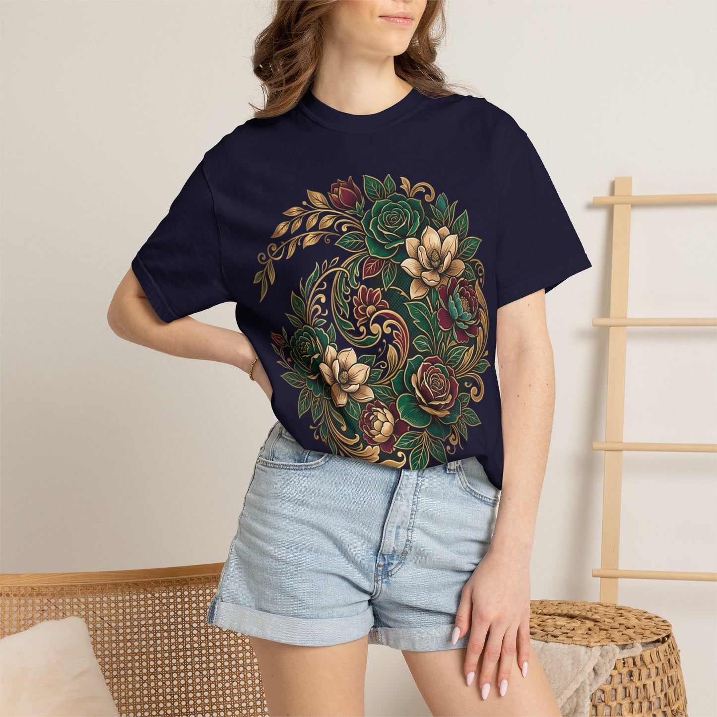 Floral Yin Yang T-Shirt — Vintage Green & Gold Rose Graphic Tee