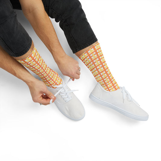 Plaid Yellow Orange Sublimation Socks — Classic Retro Check Crew Socks