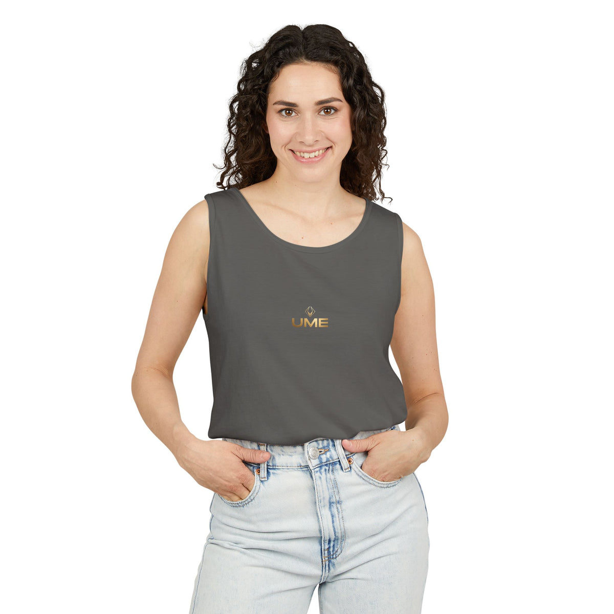 UME Gold Vertical Logo Tank Top – Garment-Dyed Unisex Muscle Tee