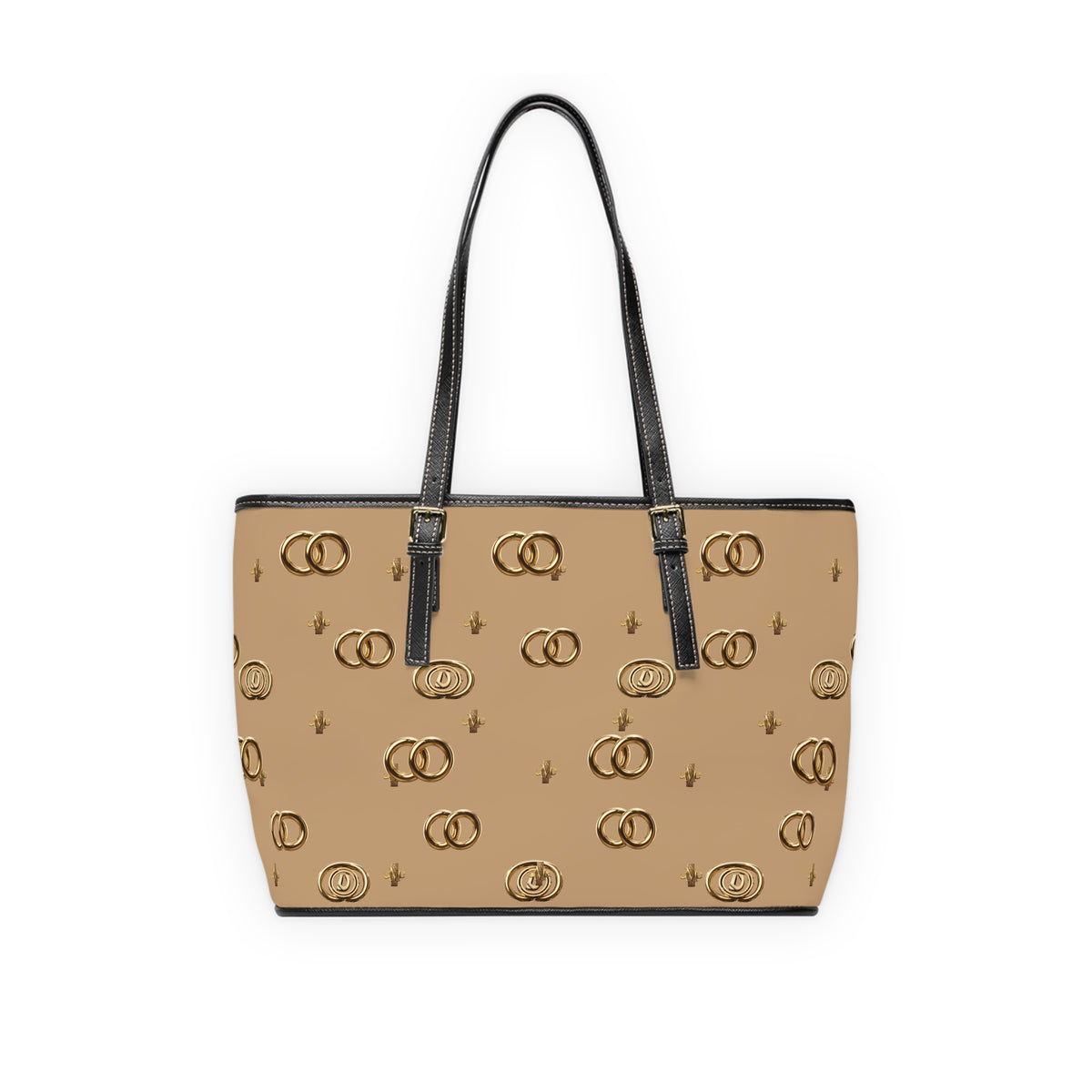 PU Leather Shoulder Bag — Beige Gold Emblem Tote