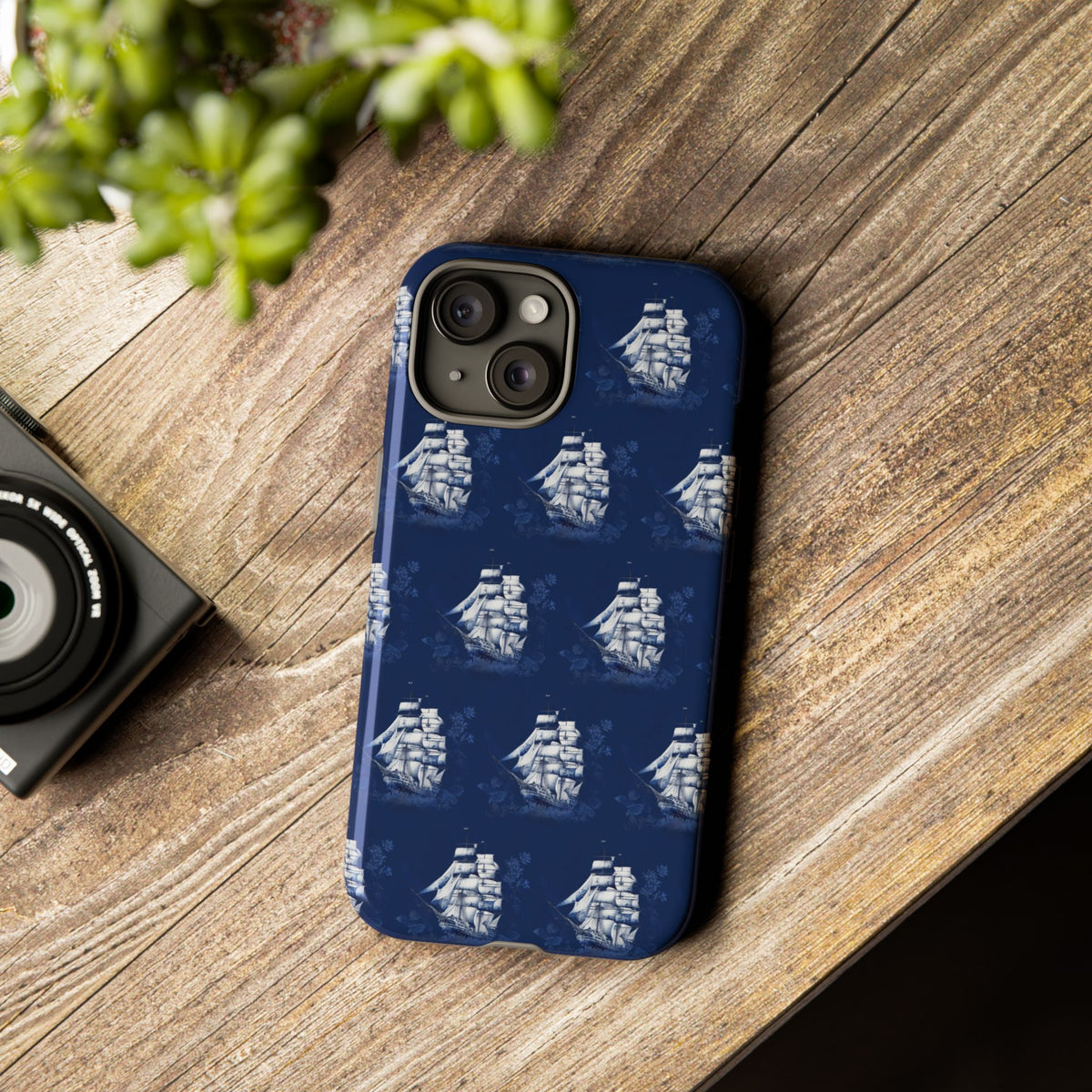 Navy Sailing Ship Phone Case — Navy Blue Vintage Nautical All-Over Print