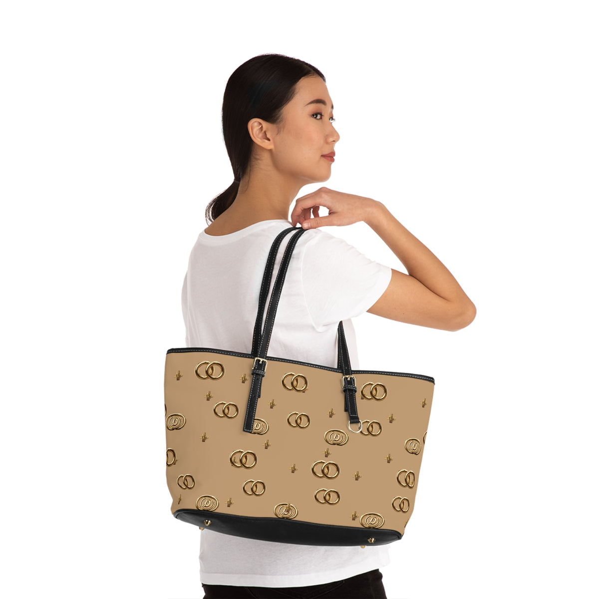 PU Leather Shoulder Bag — Beige Gold Emblem Tote