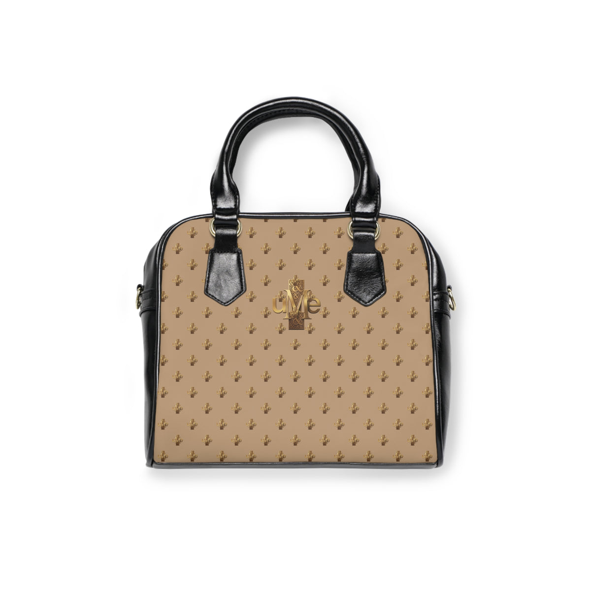 Beige Shoulder Handbag — Faux Leather Tote with Gold uMe Cross Logo