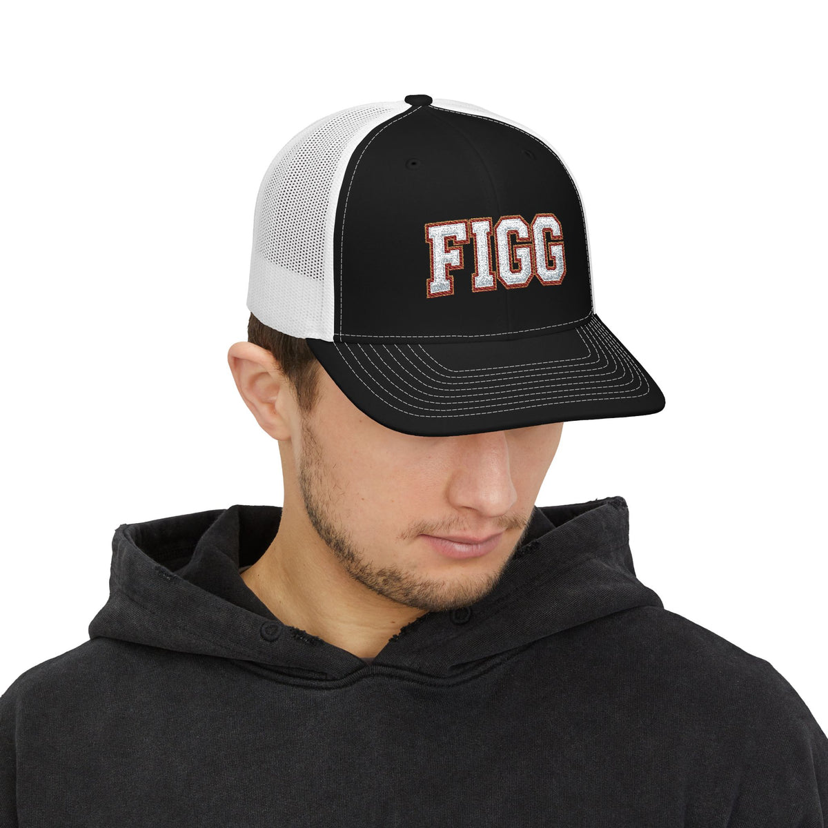 FFiGG Embroidered Vintage Trucker Cap — Black, Grey & Loden