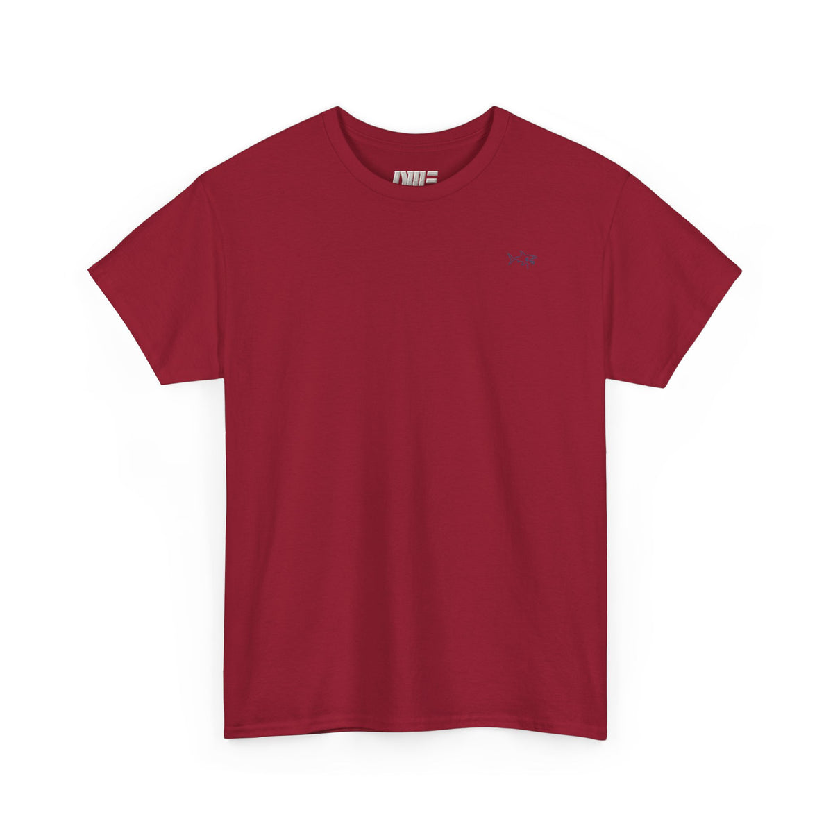Minimalist string design Fish Tee — Small Chest Fish & Back 'OWE' Graphic