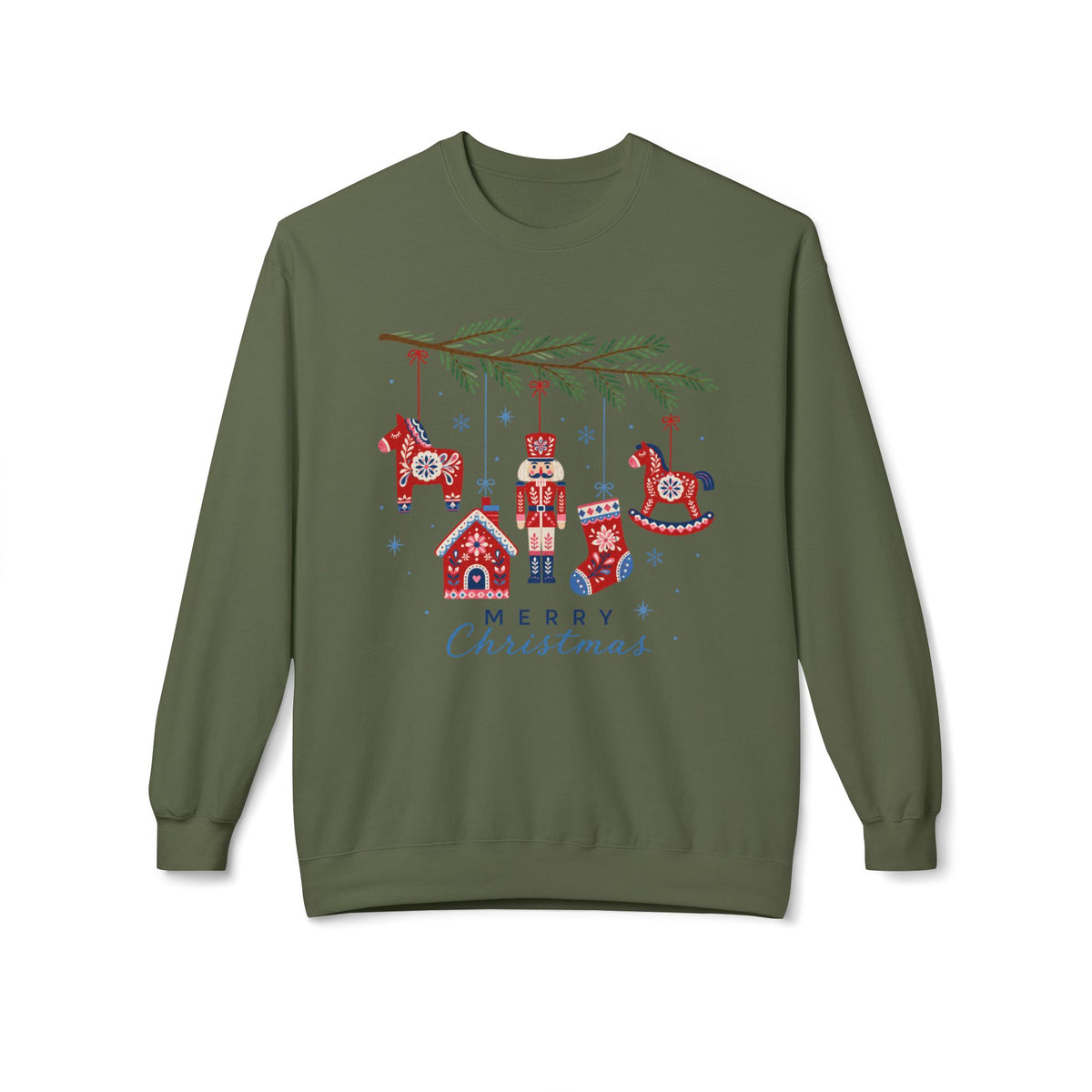 Merry Christmas Scandinavian Folk Art Crewneck Sweatshirt — White, Red & More