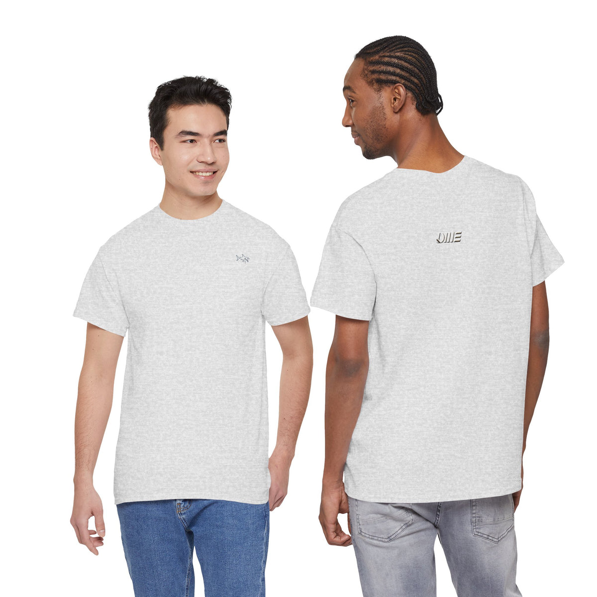 Minimalist string design Fish Tee — Small Chest Fish & Back 'OWE' Graphic